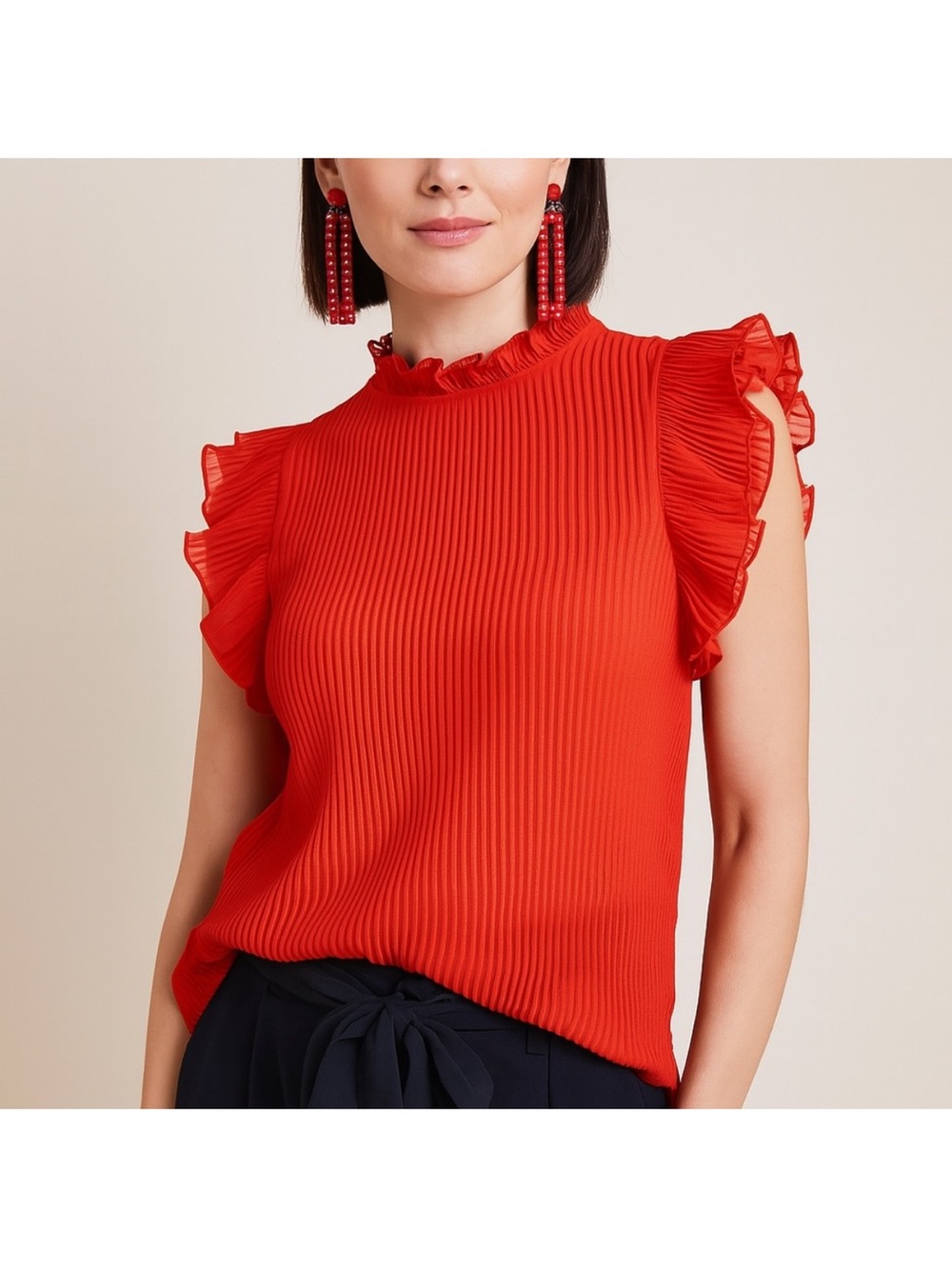 TCEC Large Red Ruffled Sleeve Pleated Top